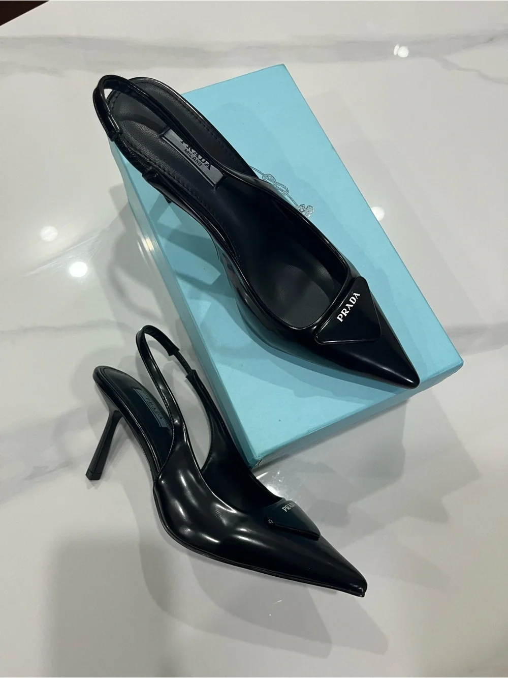 Prada Black Patent Pointed Slingback Pumps